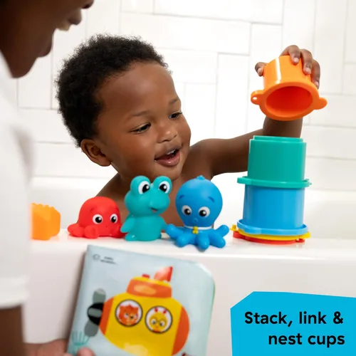 Vista 7 de Baby Einstein Ocean Explorers Opus Bath Pals - Juego de regalo de 11 piezas, libro de baño impermeable, tazas de baño, juguetes de baño
