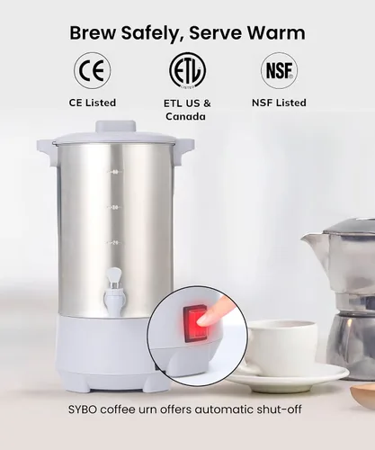 Vista 5 de SYBO Urna de café de 45 tazas, cafetera de percolado de acero inoxidable de grado comercial, filtro extraíble, fácil de limpiar, urna de agua