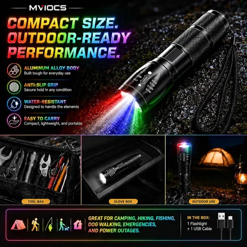 Vista 7 de Linterna recargable roja 4 en 1, linterna LED multicolor (blanco/rojo/azul/verde) con 4 modos, linterna con zoom de alto lúmenes para camping