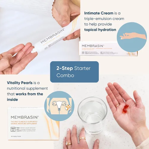 Vista 3 de Membrasin Vitality Pearls Apoya la hidratación femenina Suplemento oral sin estrógenos Aceite de Omega 3, 6, 7, 9 y espino amarillo