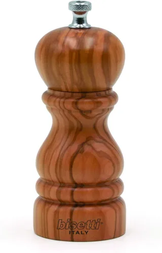 Vista 4 de Bisetti Imperia Molinillo de pimienta de madera de olivo de 4 pulgadas con molinillo ajustable