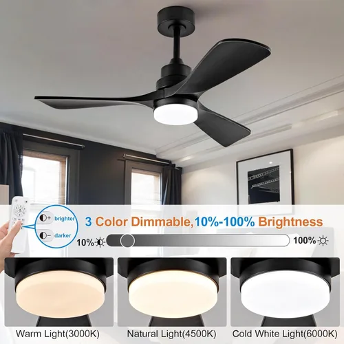 Vista 4 de Ventilador de techo de 42 pulgadas con luz, 3 aspas de madera maciza, control remoto, motor de CC silencioso reversible de 6 velocidades, ventilador