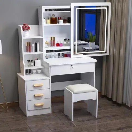 Vista 2 de Escritorio de tocador con espejo iluminado LED, mesa de tocador de maquillaje con 4 cajones para dormitorio, baño, tocador con luces, tocador