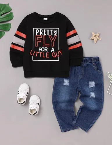 Vista 8 de oklady Ropa para niño pequeño, sudadera de manga larga con letras y pantalones de mezclilla rasgados, trajes de otoño e invierno para niños, 2-6T