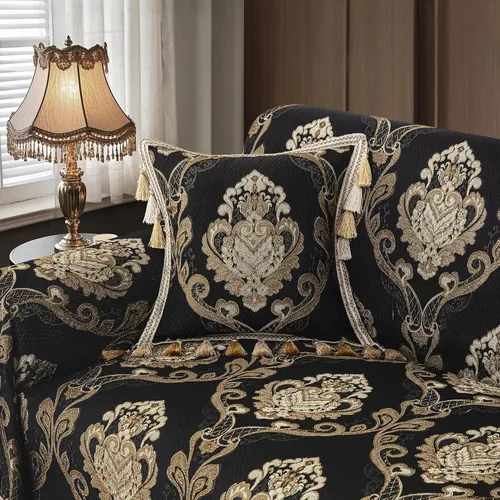 Vista 4 de Loom and Mill Fundas de sofá de lujo, funda clásica de damasco jacquard grueso para sofá, protector de muebles con borde de encaje y borlas hechas a