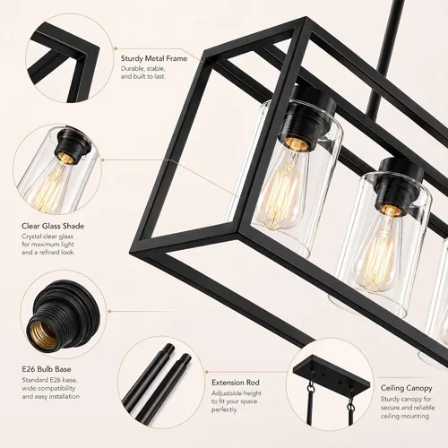 Vista 4 de Lámpara de comedor negra de 5 luces, candelabros modernos de granja, iluminación rectangular lineal para isla de cocina, iluminación colgante