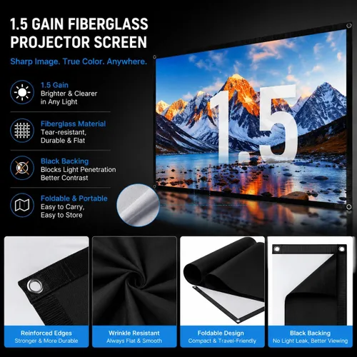 Vista 2 de Pantalla de proyector con soporte, pantalla de proyección interior de 80 pulgadas con respaldo negro, pantalla de proyector portátil con trípode