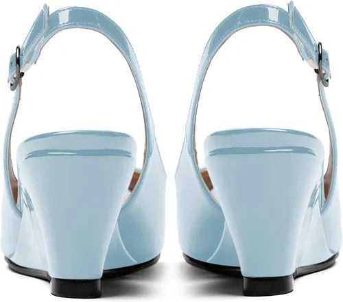 Vista 4 de WAYDERNS Zapatos de tacón bajo con hebilla de charol y punta abierta para mujer de 2 pulgadas