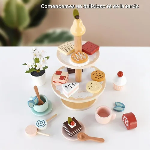 Vista 8 de PairPear Juego de Fiesta de Té con Soporte para Postres - Juguetes de Madera de Comida de Juego de Simulación y Accesorios de Cocina para Juego