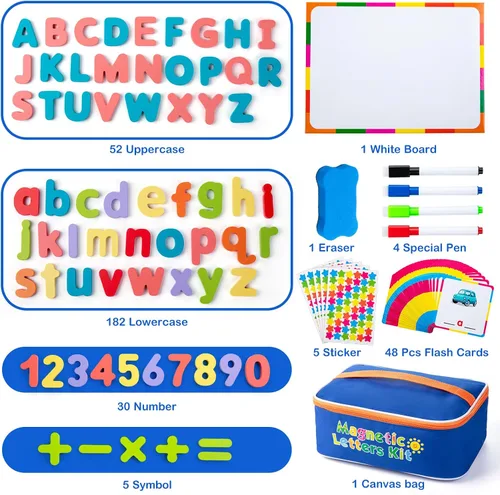 Vista 2 de Kit de letras magnéticas del alfabeto Sundaymot, 310 piezas con tablero magnético y bolsa organizadora, letras de madera mayúsculas y minúsculas