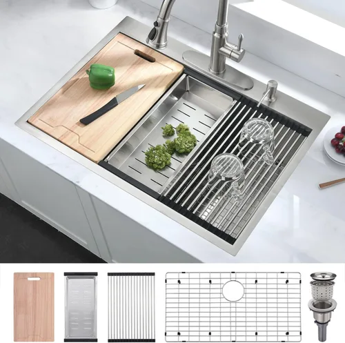 Vista 16 de Fregadero de cocina/bar negro empotrable de 20 x 17 pulgadas, estación de trabajo de acero inoxidable calibre 16, fregadero pequeño para cocina