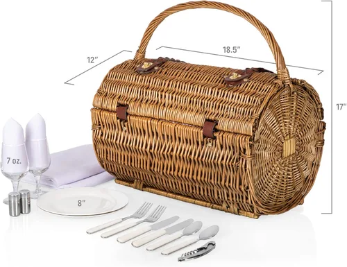Vista 5 de Picnic TIME Cesta de picnic de mimbre para 2, romántica cesta de mimbre de madera redondeada de estilo inglés con servicio de lujo para 2