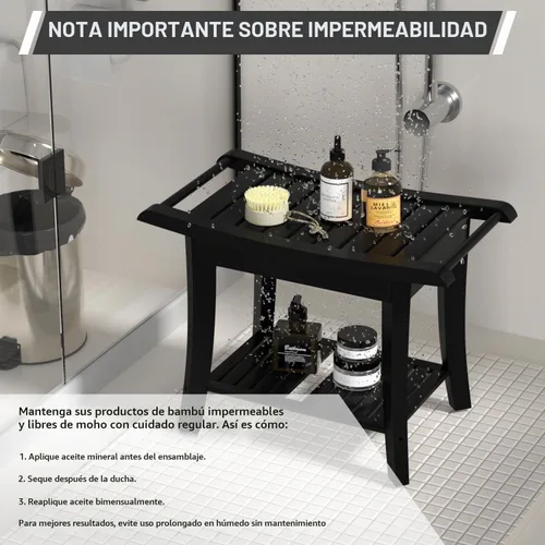 Vista 4 de Taburete Banco de Ducha de Bambú Impermeable con Estante de Almacenamiento para Afeitarse las Piernas o Asiento de Baño de Spa en el Baño y Dentro