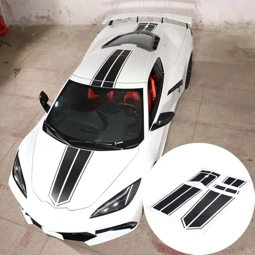 Vista 9 de Auto Racing - Calcomanía de rayas compatible con Chevrolet Corvette C8 2020-2023, calcomanía de vinilo a rayas para capó de automóvil, accesorios
