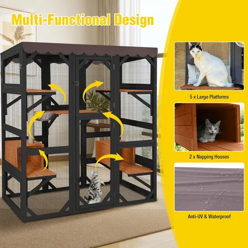 Vista 3 de Wooden Catio Outdoor Cat - Amplio condominio para gatos con 7 plataformas de escalada, 2 acogedoras casas de siestas, panel de ventana expandible