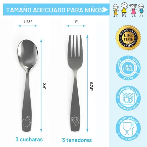Vista 3 de CHILLOUT LIFE Juego de cubiertos de acero inoxidable para niños, 6 piezas, cubiertos seguros para niños y niños, juego de utensilios para niños