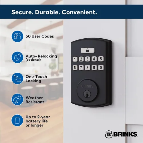 Vista 3 de BRINKS Cerradura de puerta de entrada sin llave con cerrojo, cerradura de puerta con teclado de alta seguridad, 50 códigos de usuario, función