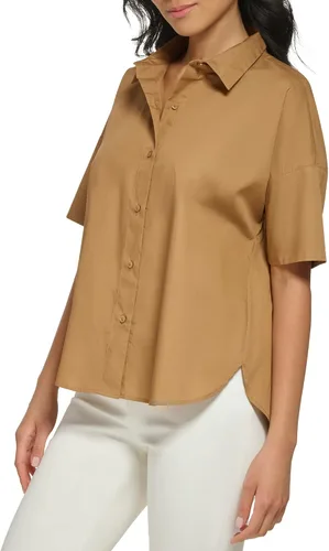 Vista 2 de Calvin Klein Blusa de manga corta con botones de popelina para mujer