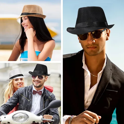 Vista 4 de Coume 16 sombreros Fedora de paja de los años 20, sombreros clásicos Fedora, sombreros de ala corta, sombreros de verano para hombres y mujeres