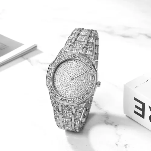 Vista 5 de JewelryWe Reloj de cuarzo de aleación de tono dorado para hombre, elegante con diamantes de imitación, para negocios, casual, para el día de San