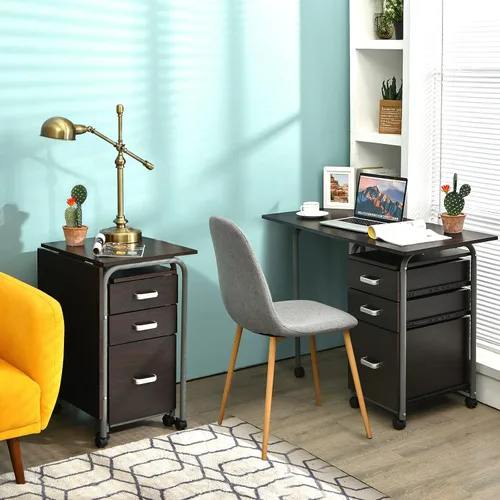Vista 5 de Tangkula Escritorio plegable para computadora con 3 cajones de almacenamiento, escritorio de oficina en casa móvil, escritorio de estudio con ruedas