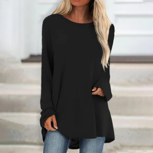 Vista 4 de Camisas de manga larga para mujer, estilo casual, moderna, con cuello redondo, con degradado, cómodas, holgadas, para otoño