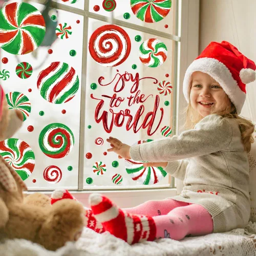 Vista 7 de DULEFUN Adhesivos de Navidad para ventana, calcomanías para ventana de caramelo, pintura al óleo, calcomanías de caramelo rojo y verde para fiesta