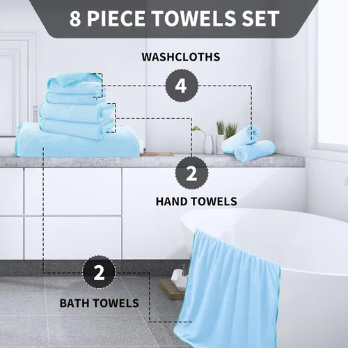 Vista 3 de Cosy Family Juego de toallas de microfibra de 8 piezas, 2 toallas de baño, 2 toallas de mano y 4 paños de lavado, toallas ultra suaves y altamente