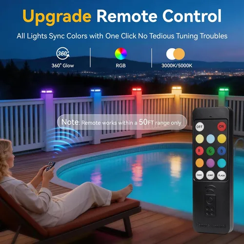 Vista 2 de LumiZen Paquete de 12 luces solares para tapa de poste con control remoto, 9 modos de cambio de color RGB y modos de flujo multicolor fácilmente