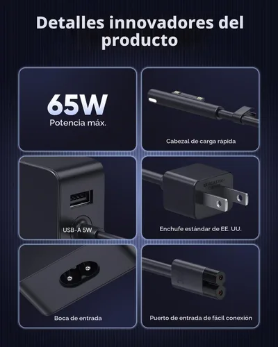 Vista 4 de Cargador Surface Pro de 65 W, cargador de computadora portátil compatible con Microsoft Surface Pro12 11 10 9 8 7+ 7 6 5 4 X, compatible 1867 1868