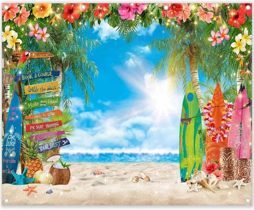 Vista 8 de Fondo de fotografía de playa hawaiana de verano de 7 x 5 pies, flores tropicales, hojas de palma, fondo de tabla de surf para Luau Aloha decoración