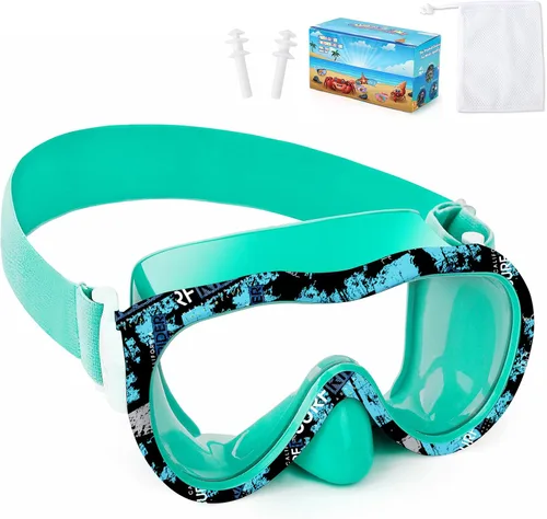 Vista 14 de Gafas de natación para niños con cubierta para la nariz, máscara de esnórquel panorámica de 180° con diseño antivaho y antifugas, correa de tela