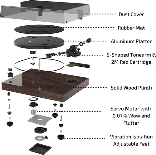 Vista 6 de Fluance RT83 Reference para tocadiscos de vinilo de alta fidelidad con cartucho Ortofon 2M Rojo, motor de control de velocidad, base de madera MDF