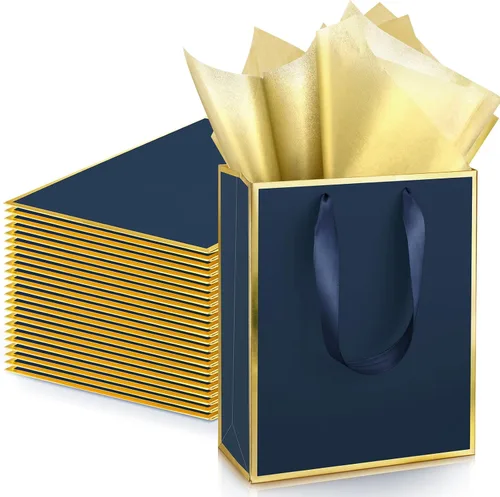 Vista 8 de Yeaqee Paquete de 24 bolsas de regalo de papel metálico con asa y tejido de 9 x 7 x 3.1 pulgadas, papel de aluminio dorado, bolsas de agradecimiento