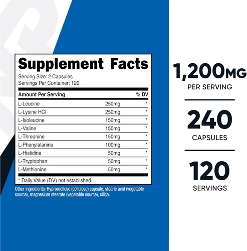 Vista 2 de Nutricost Cápsulas EAA 1200mg, 240 cápsulas, aminoácidos esenciales