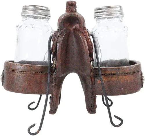 Vista 3 de Ebros Gift Country Western Cowboy Horse Sillín con 2 alforjas y conchos plateados, juego de estatuillas de sal y pimentero, acabado de cuero