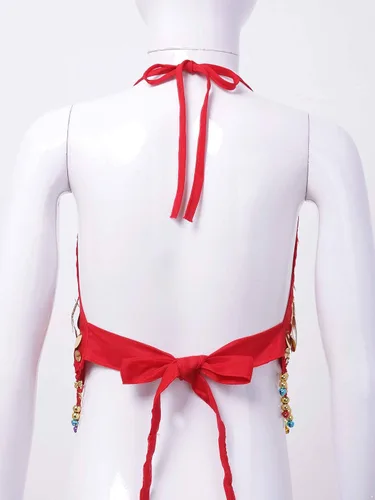 Vista 5 de Disfraz de baile del vientre para niñas, con lentejuelas, con borla, halter, vendaje, para escenario