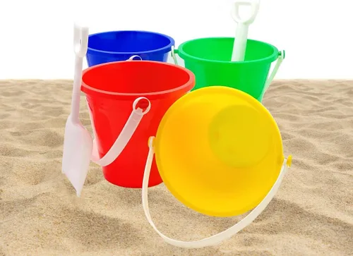 Vista 7 de The Dreidel Company Juego de juego para el día de playa, (paquete de 3) cubo de arena de 5.25 pulgadas, caja de juego incluida, cubo y pala
