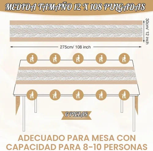 Vista 2 de Xinnun 6 piezas de camino de mesa de arpillera con luces de 12 x 108 pulgadas, camino de mesa de encaje de arpillera, decoración rústica de boda