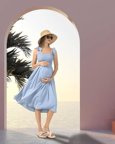 Vista 2 de Rnxrbb Vestido de maternidad de gasa con abertura y bolsillos, para verano, casual, sin mangas, fruncido, para embarazo, ropa para la playa