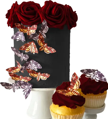 Vista 3 de Juego surtido de 24 polillas comestibles de cabeza de muerte pequeña – Obleas para pasteles y cupcakes – polillas comestibles para decoración