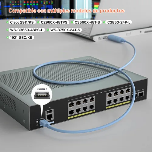 Vista 3 de Cable de consola USB-A a Mini-B RS-232 de 6 pies con chipset FTDI para enrutadores, conmutadores y administración de dispositivos