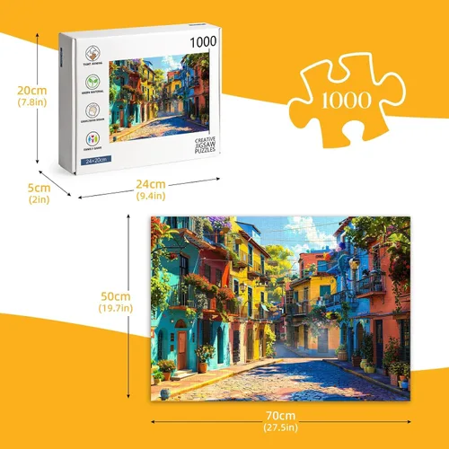 Vista 3 de Rompecabezas para adultos de 1000 piezas, colorida calle Italia, 27.6 x 19.7 pulgadas, alivio del estrés y desafío cognitivo, regalo ideal