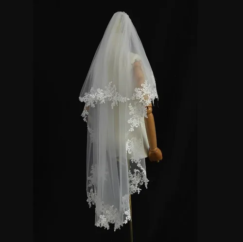 Vista 5 de Edith qi velo elegante para boda 2T, de 2 capas, con aplique de encaje, a la altura de los codos