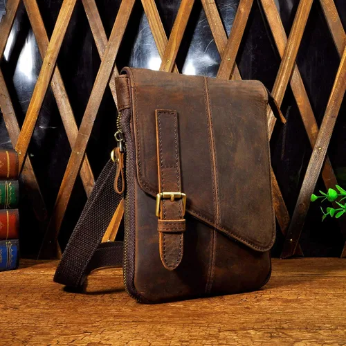 Vista 2 de Le'aokuu Riñonera pequeña de cuero genuino para hombre, bolsa de hombro para teléfono, cinturón y cintura, café Oscuro Grande