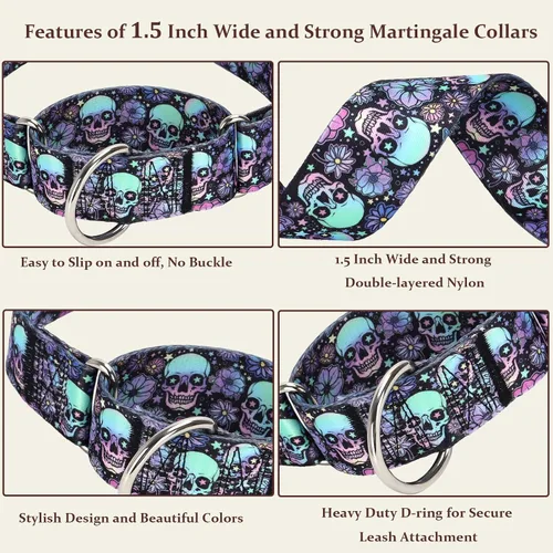 Vista 4 de Collar Martingale para Perro de 1.5 Pulgadas de Ancho - Diseño de Calavera Extra Resistente para Perros Grandes, Collar de Entrenamiento Ajustable