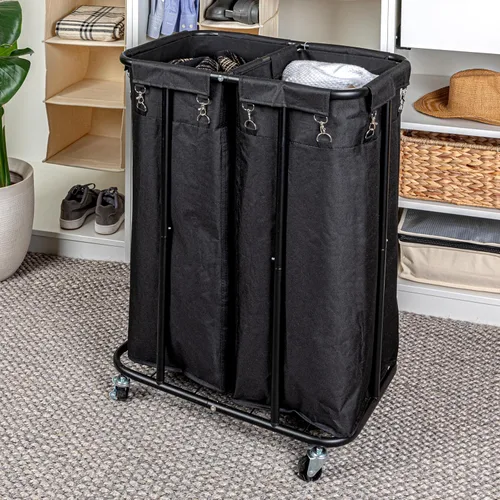 Vista 3 de Household Essentials Clasificador de ropa rodante de 2 bolsas, color negro