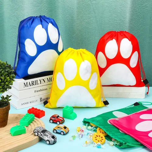 Vista 2 de Shappy 24 mochilas con cordón y estampado de patas, bolsa con cordón para cachorros, bolsas reutilizables a granel para regalo de dulces