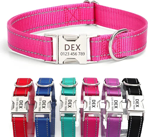Vista 16 de Collar de perro de nailon reflectante personalizado con etiqueta de nombre Collares de perro con hebilla dorada grabados personalizados Collar