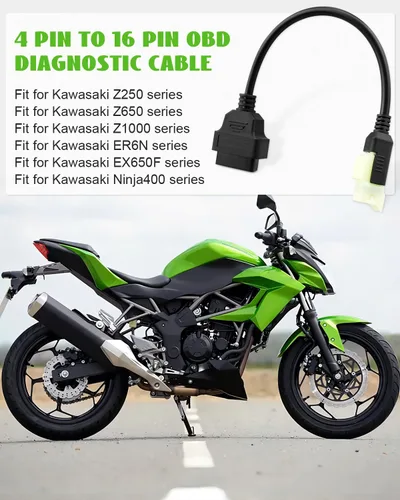 Vista 2 de Cable de diagnóstico OBD2 apto para motocicleta Kawasaki, adaptador OBD2 de 4 pines a 16 pines apto para Z250 Z650 Z1000 ER6N EX650F Ninja400
